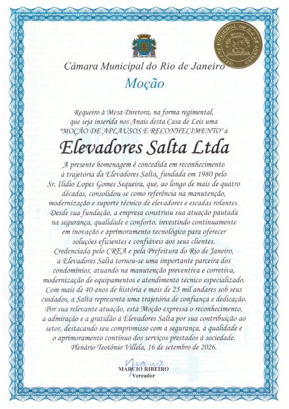 Moção de reconhecimento da Elevadores Salta